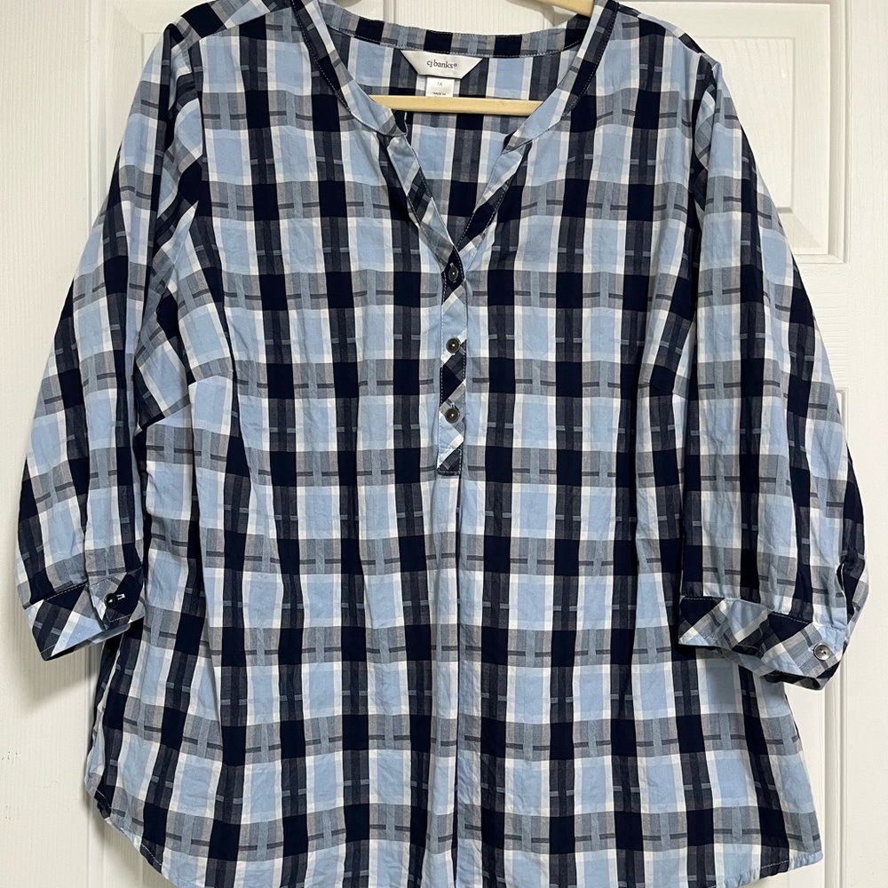 CJ Banks Navy and Light Blue Plaid Button Down Shirt